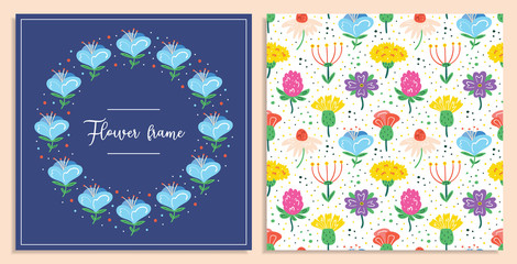 My little flower frame. Little multicolored wildflowers postcard. Flora design elements. Wild life, blooming flowers, botanic. Flat colourful vector illustration isolated on pink background.