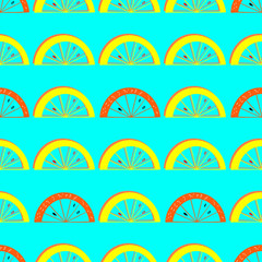 Fototapeta na wymiar Slices of orange and lemon seamless pattern. Citrus fruit backgroung in colorful cartoon style. Juicy tasty appetizing illustration. Vector light blue wallpaper for food design and textile.