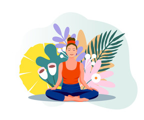 stay home, keep calm,
meditation concept, health benefits for the body, mind and emotions, a girl sitting in a lotus position against a background of plants and clouds, the thought process