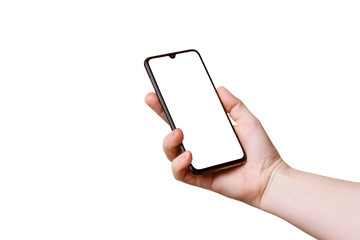 Close up hand hold phone isolated on white. Mock-up smartphone with white color screen