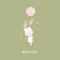 Cute cartoon bunny character with balloons. Kids animal card. Hand drawn baby clothes design illustration.