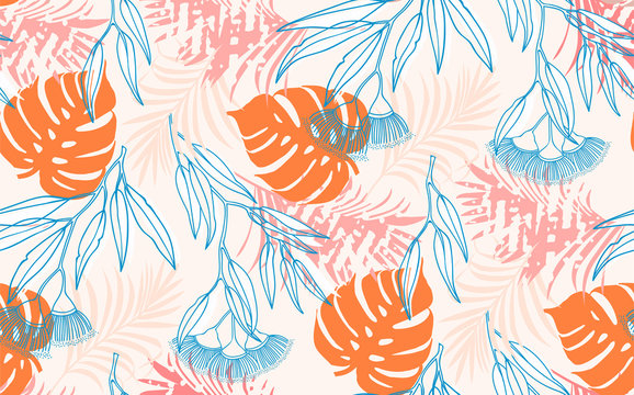 Seamless  illustration pattern of tropical leaves, dense jungle. Banner with tropic summertime motif may be used as background texture, wrapping paper, textile or wallpaper design.
