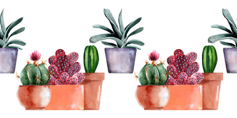 Watercolor seamless border with different types of cacti in multicolored pots