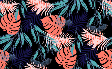 Seamless pattern of tropical leaves, dense jungle orange emerald blue colors. Banner with tropic summertime topic wrapping paper, textile or wallpaper design,background, bed linen - obrazy, fototapety, plakaty