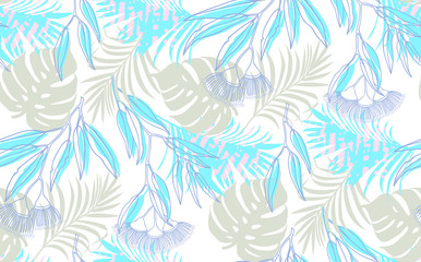 Fototapeta na wymiar Seamless illustration pattern of tropical leaves, dense jungle. Banner with tropic summertime motif may be used as background texture, wrapping paper, textile or wallpaper design. 