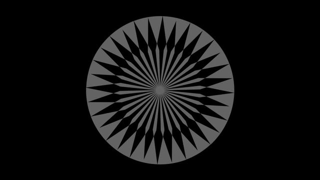 Graphic object in black and white with stroboscopic and hypnotic effect, which rotates clockwise decreasing the size from full screen to disappearing in the center, in 16: 9 video format