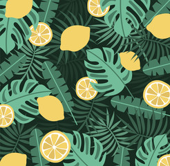Pattern with lemons and green palm leaves on the black background. Template for print, textile, wallpaper cover and box design.