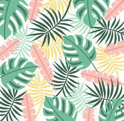 Pattern with tropical plant leaves. Tropical illustration. Trendy summer print. Exotic background.
