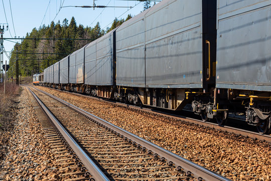 Train waiting on a double track section for a oncoming train.