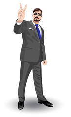 Man in a business suit demonstrates victory gesture