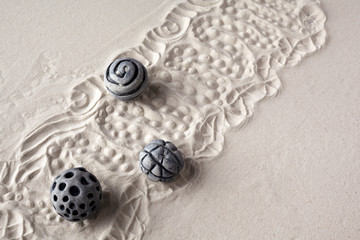 Sensory sand game. Modern zen garden concept. Top view