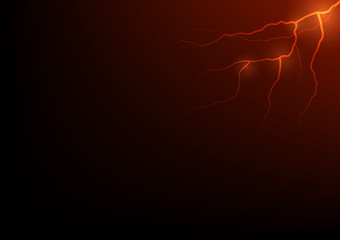 Thunder storm vector realistic lightning thunderbolt in red or orange tone on black background, Magic and bright electricity effects. Business barrier and problem concept, shock situation.