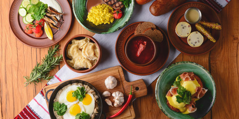 Healthy breakfast and clean eating concept from above. Copy space banner.