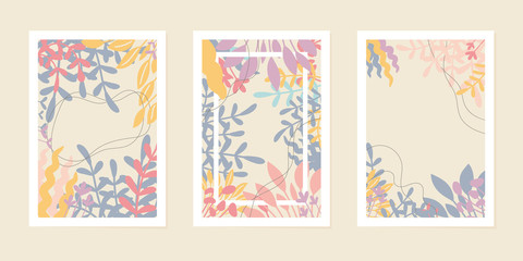 Set of creative universal art cards or posters. Hand drawn leaves and flowers, contemporary modern style. Tropic foliage. Trendy graphic design for invitation, brochure, flyer. Vector illustration.