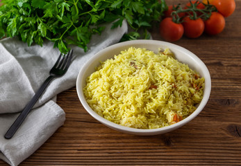 Pilaf tradition rice meal from Central Asia. Selective focus