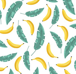 Tropical palm leaves pattern. Banana leaves and bananas on white background. Design artistic doodle element for card, print, template, wallpaper. Wrapping paper or fabric. 