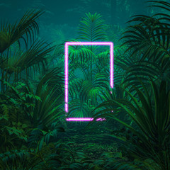 Neon tropical portal / 3D illustration of surreal glowing rectangular portal floating in lush green jungle - 345880279