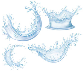 Realistic water splash set isolated on light transparent background. Blue liquid waves. Illustration design.