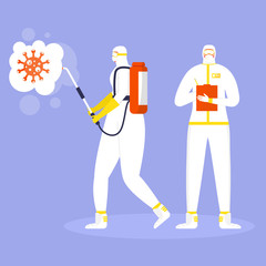 Coronavirus prevention concept, people in protective suit and mask sprays and disinfects virus. Global epidemic or pandemic. Covid-19, coronavirus Disease. Vector
