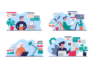 Concept illustration of working at home, coworking space. People working on laptop at house. Self isolation, quarantine due to coronavirus prevention. Stay at home for precaution covid - 19. Vector