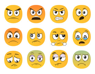 Angry emoticons. Unhappy, painful, suspicious, shocked, resentful emotions. Illustration.