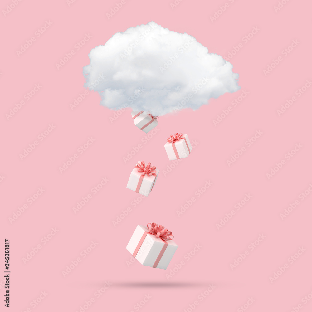 Poster Minimal concept of floating white cloud and falling of present box on pink background. 3D rendering.