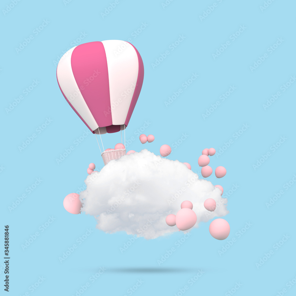 Poster Minimal concept of floating balloons and white cloud on blue background. 3D rendering.