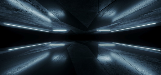 Neon Laser Sci Fi Futuristic White Blue Glowing Fluorescent Lights In Tunnel Corridor Warehouse Underground Cement Floor Tiled Abstract Night Dark Background Cyber Virtual Reality