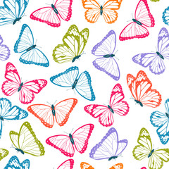 Color flying butterflies seamless pattern. Isolated on white background. Illustration.