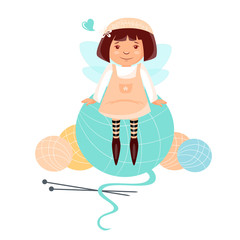 Illustration of a little girl sitting on a ball of knitting thread