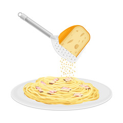 Cooked Pasta Carbonara with Bacon Slices Served on Plate and Cheese Dressing Vector Illustration