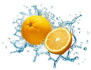 Fototapeta na wymiar orange in spray of water.