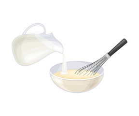 Mixing of Ingredients for Cooking Pancakes with Pouring Milk Vector Illustration