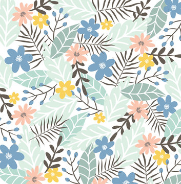 Seamless pattern with flowers, leaves and berries. Design for paper, cover, fabric, interior decor. Vector Floral Background. Elegant template for prints. Print on a white background.