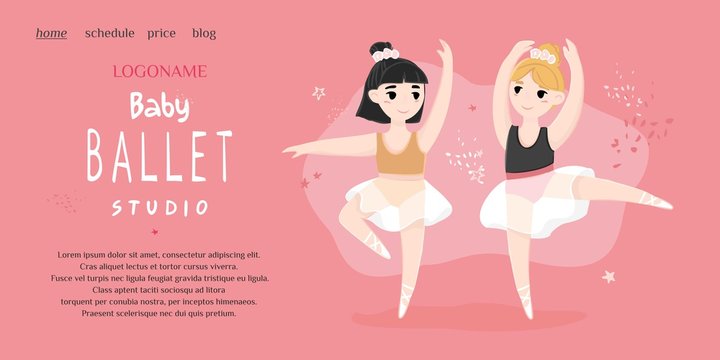 Template of landing page of the children's ballet school. Two small ballerinas in different dance positions on a pink background. Banner of the choreography school for girls. Cute vector illustartion.