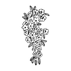 Hand drawn a branch of a flowering tree isolated on a white background. Doodle, simple outline illustration. It can be used for decoration of textile, paper and other surfaces.