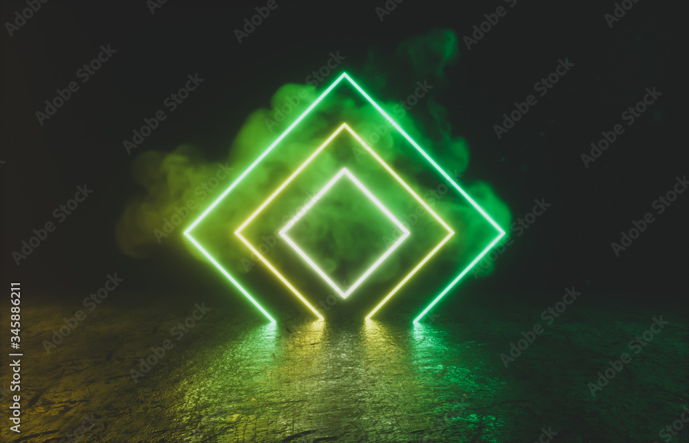 Poster Futuristic Sci-Fi Modern empty stage. Reflective concrete room with glowing neon and cloud. 3d render.