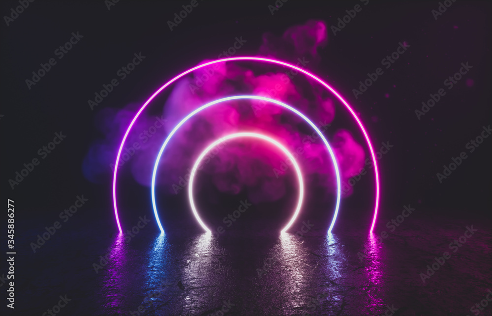 Aufkleber Futuristic Sci-Fi Modern empty stage. Reflective concrete room with glowing neon and cloud. 3d render.