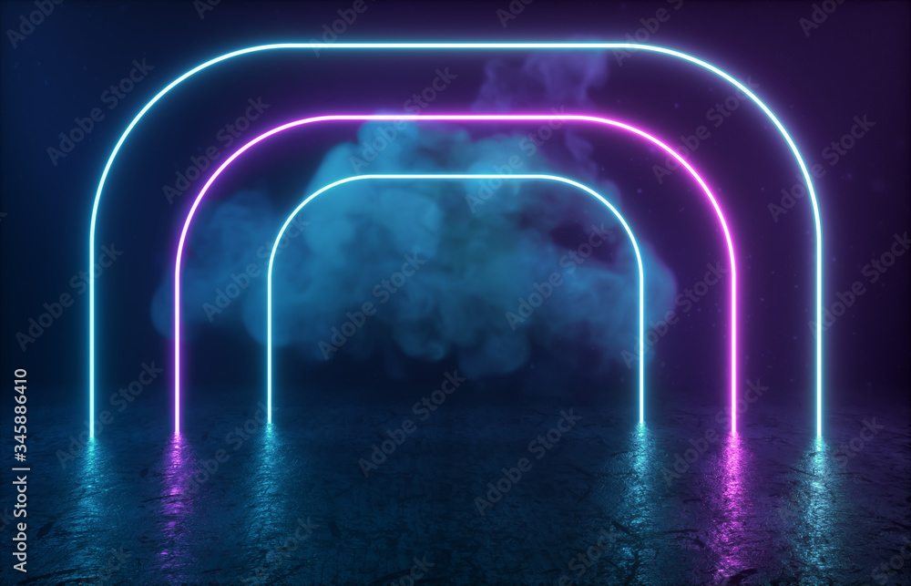 Poster futuristic sci-fi modern empty stage. reflective concrete room with glowing neon and cloud. 3d rende