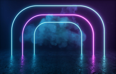 Fototapeta premium Futuristic Sci-Fi Modern empty stage. Reflective concrete room with glowing neon and cloud. 3d render.