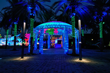 Glowing Garden in Dubai. Night. Inflatable decorations made from recycled plastic waste are...