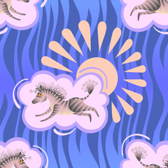 Seamless pattern consisting of zebras, clouds and the sun. Vector graphics