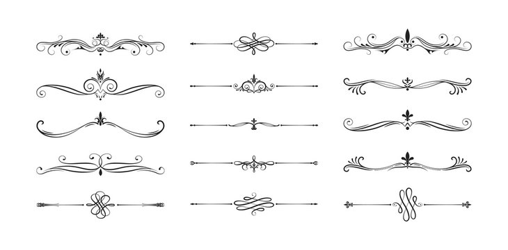 Hand drawn calligraphic vintage  dividers. Swirl victorian borders.  Vector isolated royal decor separators. Classic wedding invitation filigree lines.