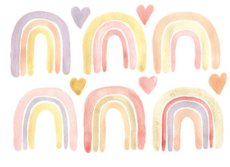 Watercolor primitive rainbow. All elements are hand painted and isolated. Trendy pink, gray, gold, beige colors.
 perfect for baby shower invitation, greeting card, fabric, textile, wallpaper, ceramic