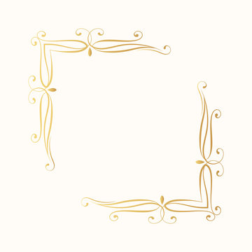 Hand drawn ornate filigree border. Vintage golden corner frame. Vector isolated gold swirl decor. Royal wedding invitation card template.
