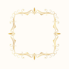 Vintage golden square frame. Vector isolated swirl page ornament. Royal wedding invitation card template. Ornate filigree gold border. 