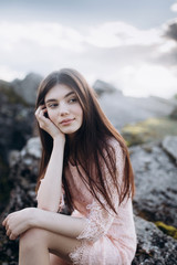 Beautiful young woman natural face casual female portrait lifestyle beauty girl in mountains, freedom concept
