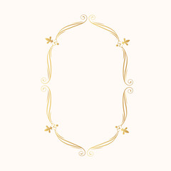 Golden oval classic frame. Elegant royal border.  Vector isolated gold filigree label. Classic wedding invitation template.