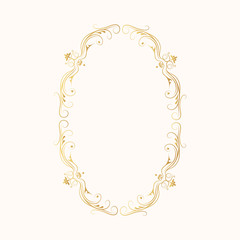 Hand drawn golden oval frame. Elegant gold royal border.  Vector isolated motif monogram. Classic wedding invitation template.