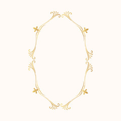 Ornate filigree golden frame. Vintage oval border. Vector isolated gold swirl page decor. Royal wedding invitation card template.